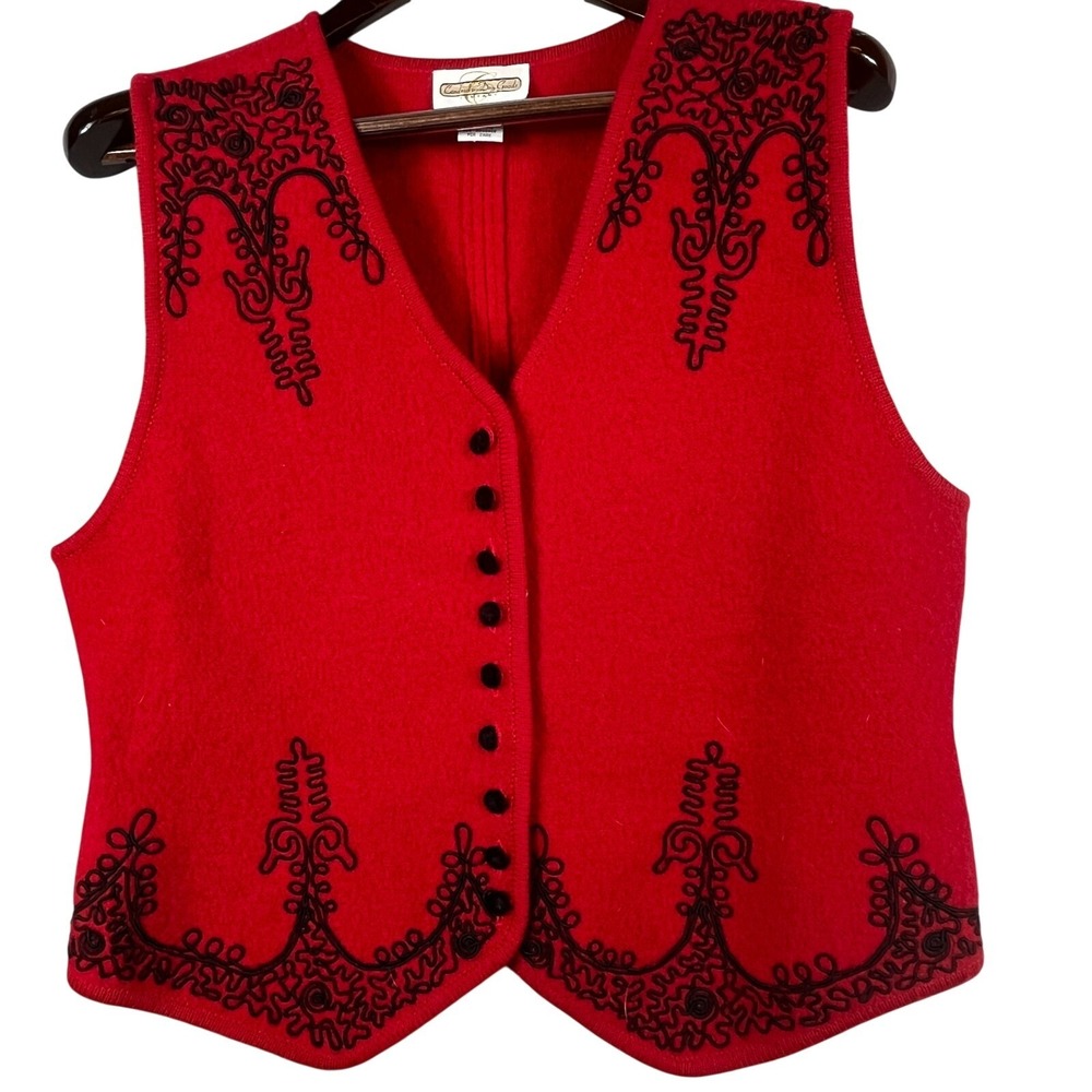 Vtg Cambridge Dry Goods Womens L Boiled Wool Sweater Vest Red Black Embroidered